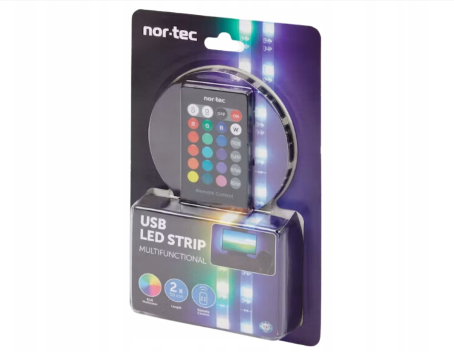 NOR-TEC USB RGB LED Juosta 2×50 cm su Nuotolinio Valdymo Pultu – Dekoratyvinis TV ir Stalo Apšvietimas