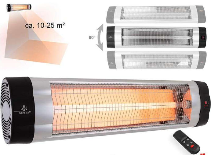 KESSER infraraudonųjų spindulių šildytuvas 2500 W – terasos ir balkono šildytuvas su nuotoliniu valdymu