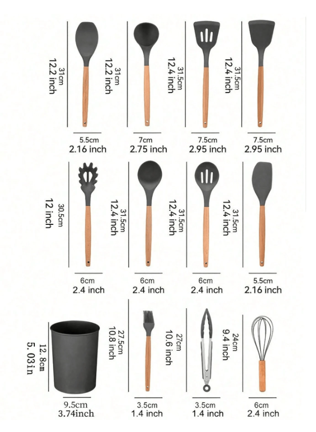 12 dalių virtuvės įrankių rinkinys su medinėmis rankenomis