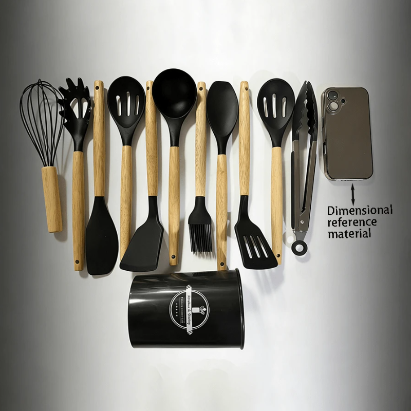 12 dalių virtuvės įrankių rinkinys su medinėmis rankenomis