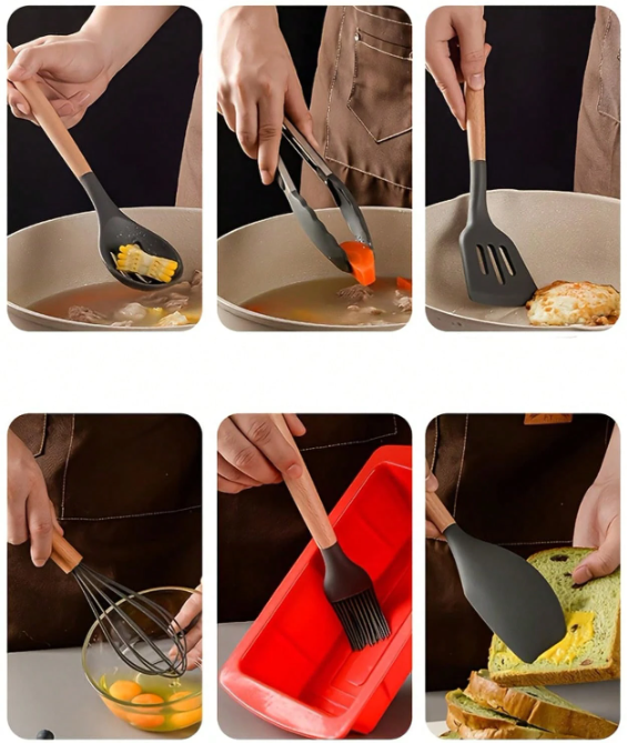 12 dalių virtuvės įrankių rinkinys su medinėmis rankenomis